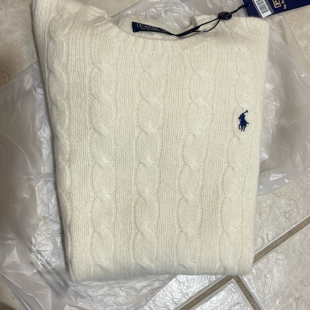Brand New Women’s small cream, Ralph Lauren Wool sweater with navy polo sign